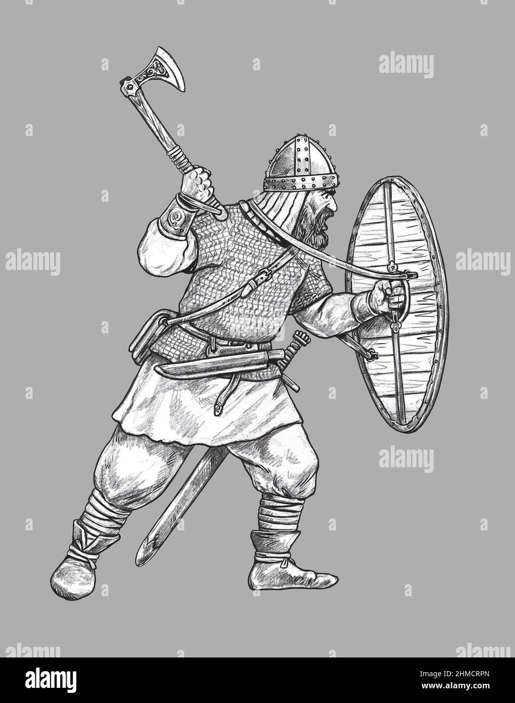 Viking with ax. Norman warrior in battle. Medieval knight illustration ...