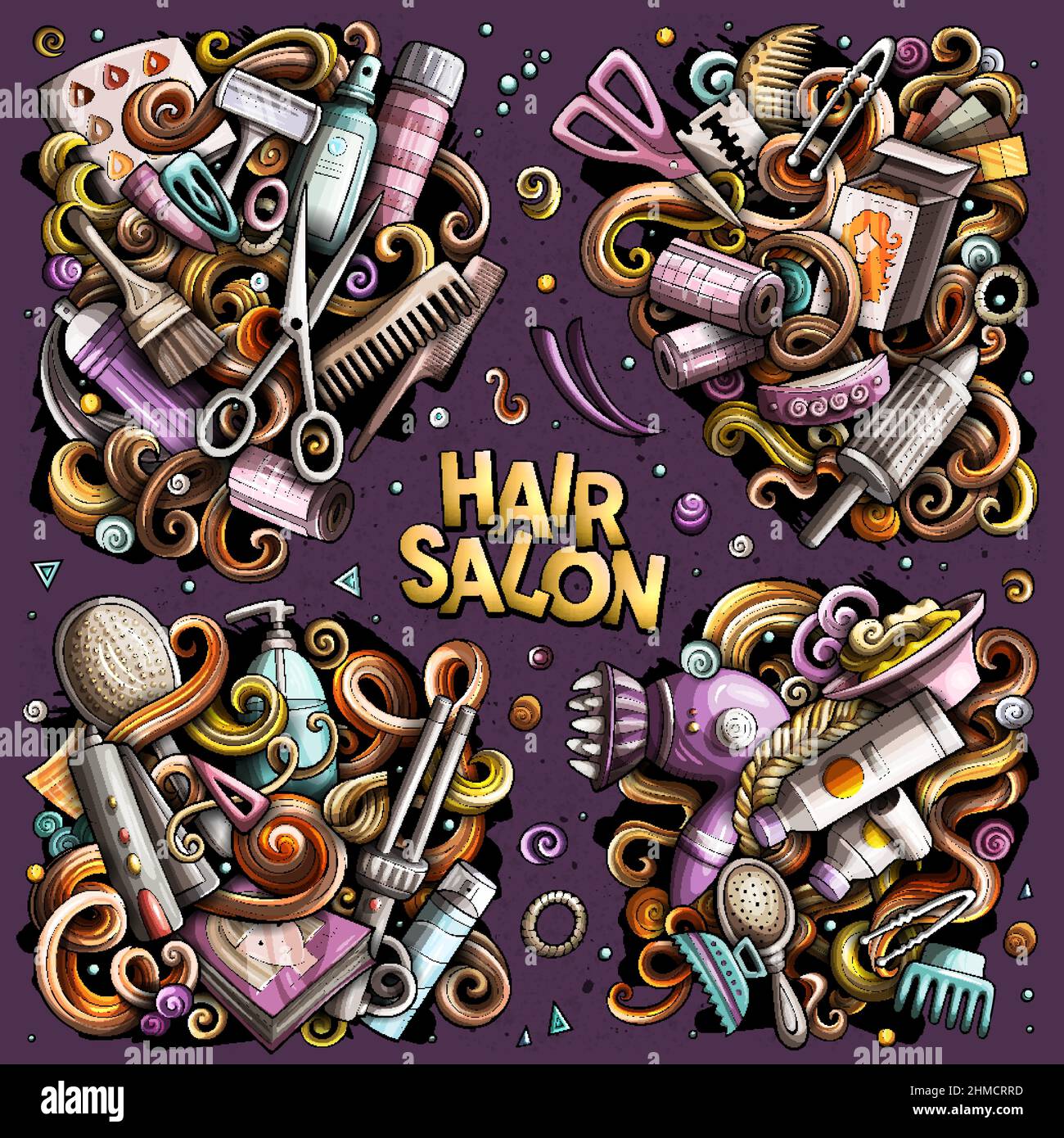 Hair Salon Cartoon Vector Doodle Designs Set Colorful Detailed Compositions With Lot Of 