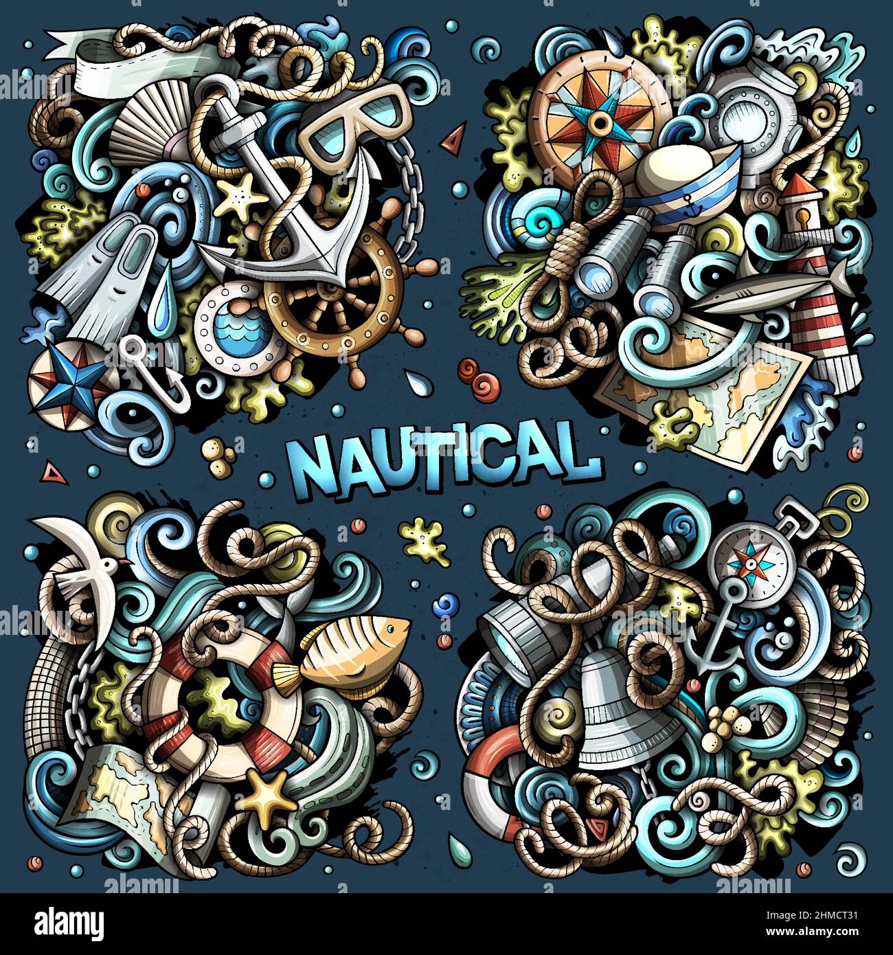 Nautical cartoon vector doodle designs set. Colorful detailed compositions with lot of maritime objects and symbols. All items are separate Stock Vector