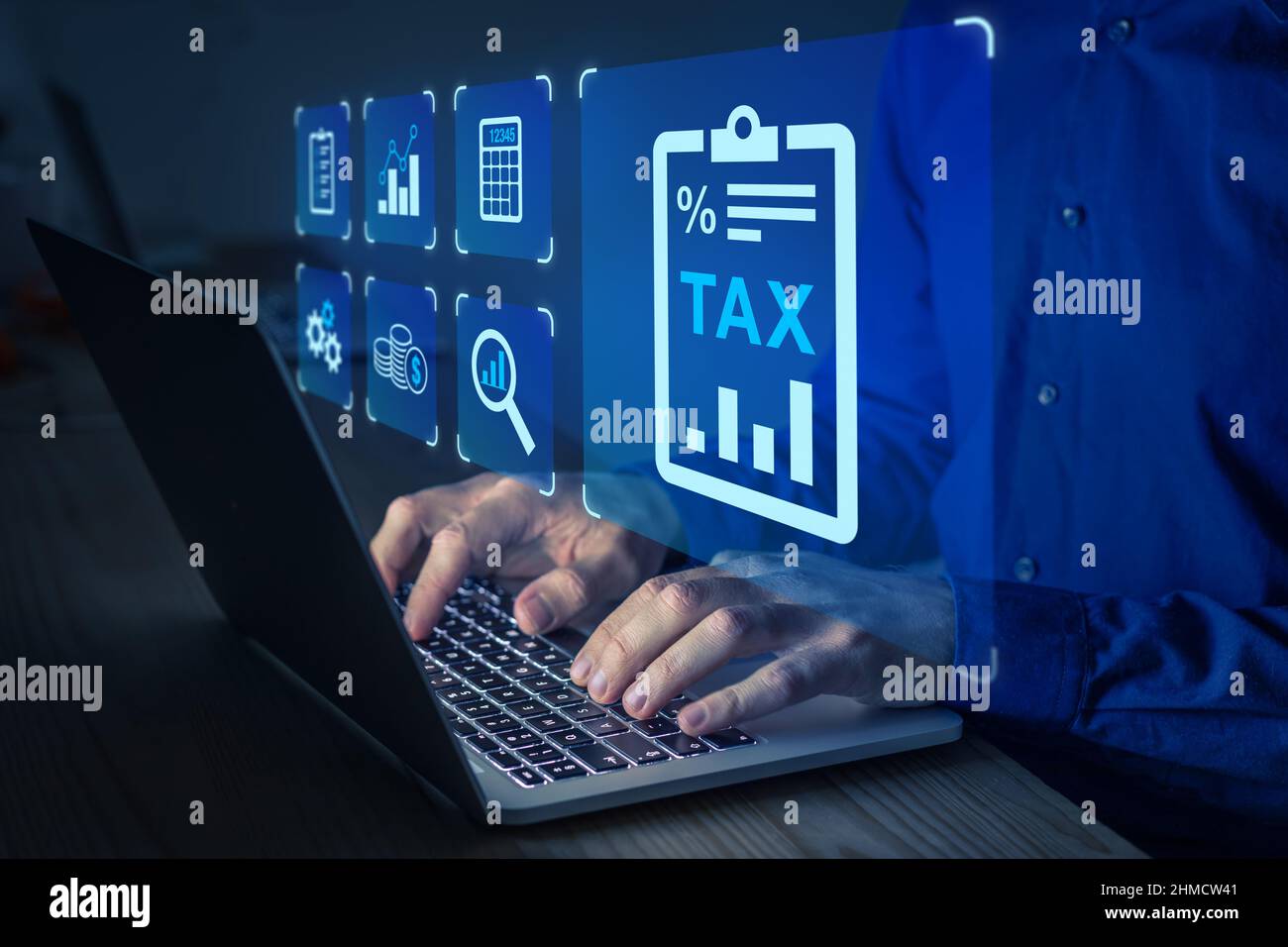 Person filling tax form on computer. Reductions, deductions and exemptions. Accountant and financial advise to lower taxation rate. Stock Photo