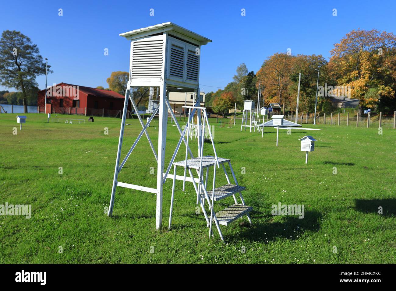 Meteorological cage in observatory garden with many measuring devices Stock Photo