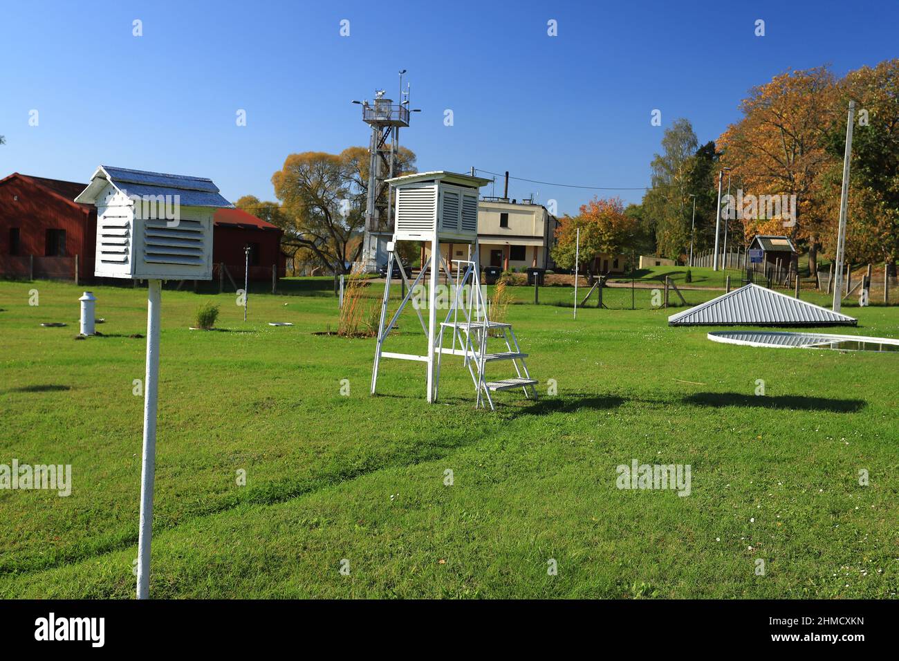 Meteorological observatory garden with many measuring devices Stock Photo