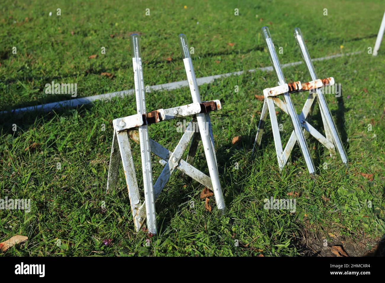A meteorological thermometers for measuring ground temperature. This tool is used to collect ground temperature data Stock Photo