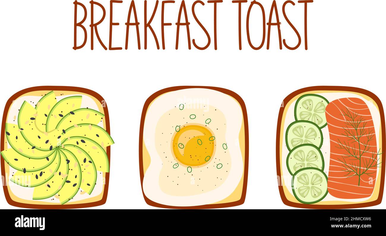 Set of toasts for breakfast with different fillings. Toasts with