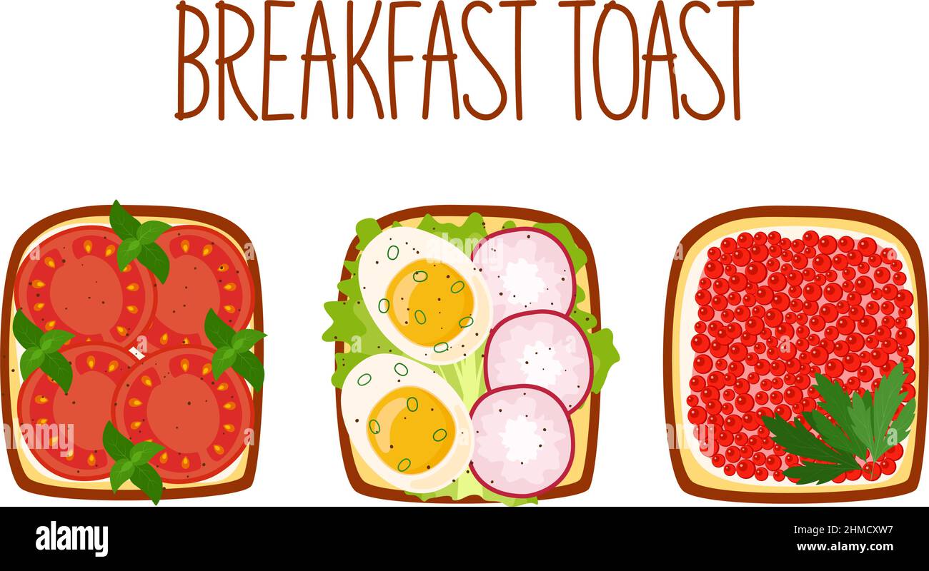 Set of toasts for breakfast with different fillings. Toasts with