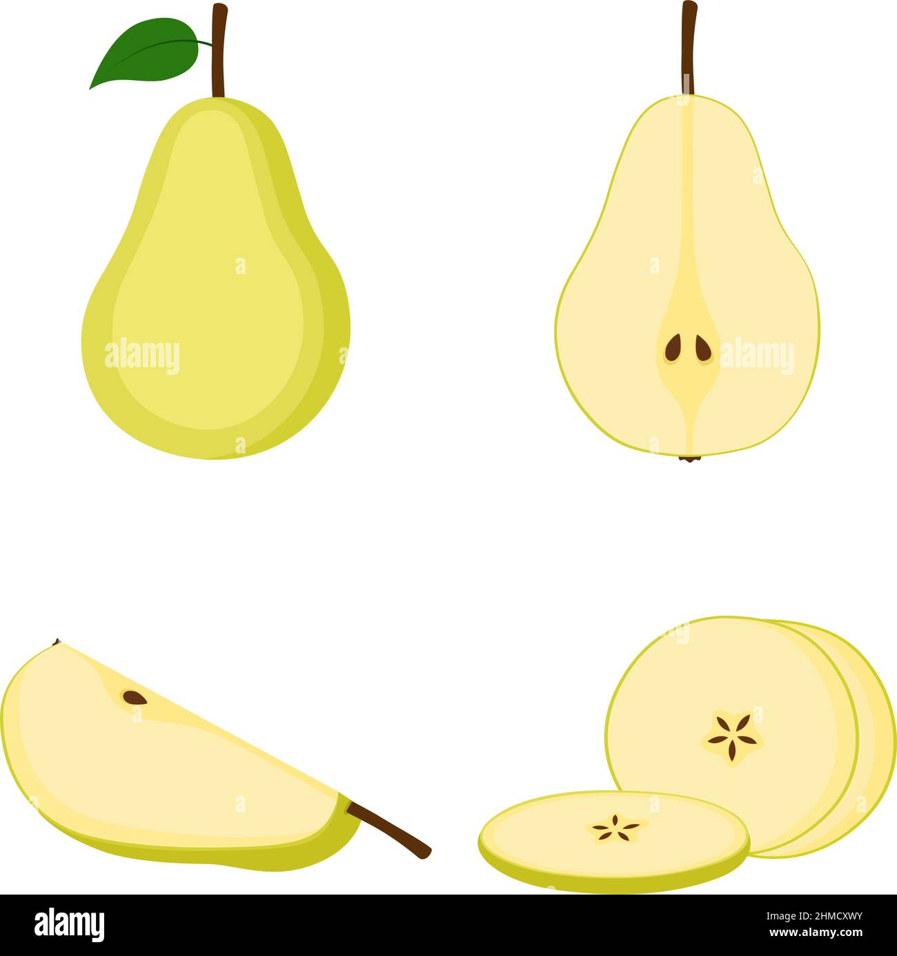 Pear, whole fruit, half and slices on white background, vector illustration Stock Vector