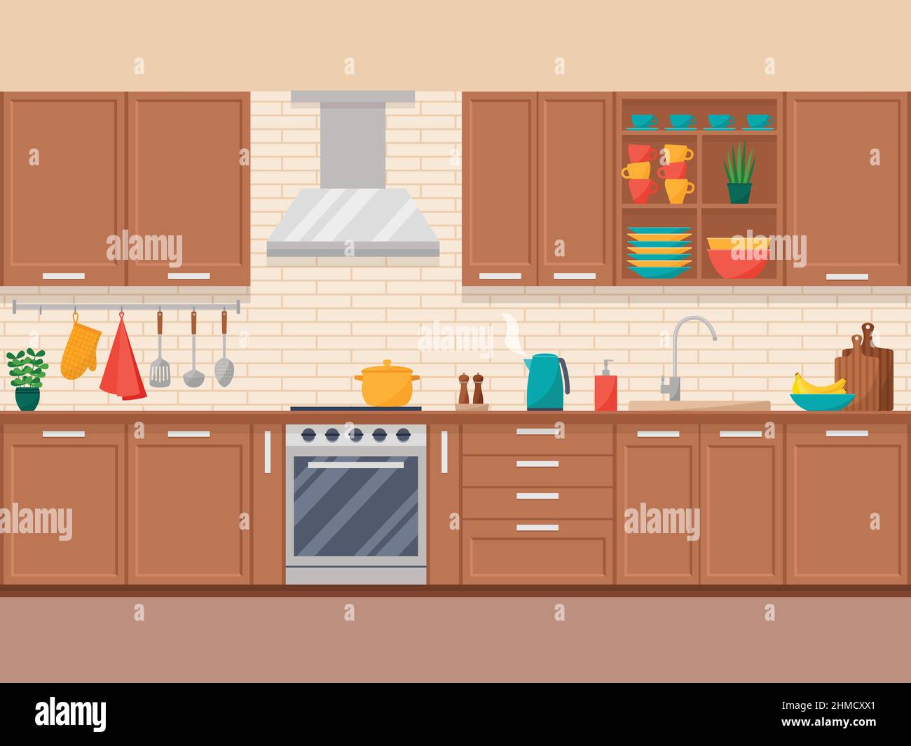 Kitchen interior with furniture, equipment and dishes in flat style, vector illustration Stock Vector