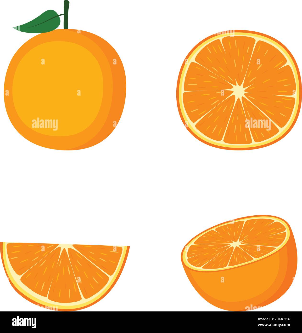 Orange, whole fruit, half and slice, on white background, vector illustration Stock Vector