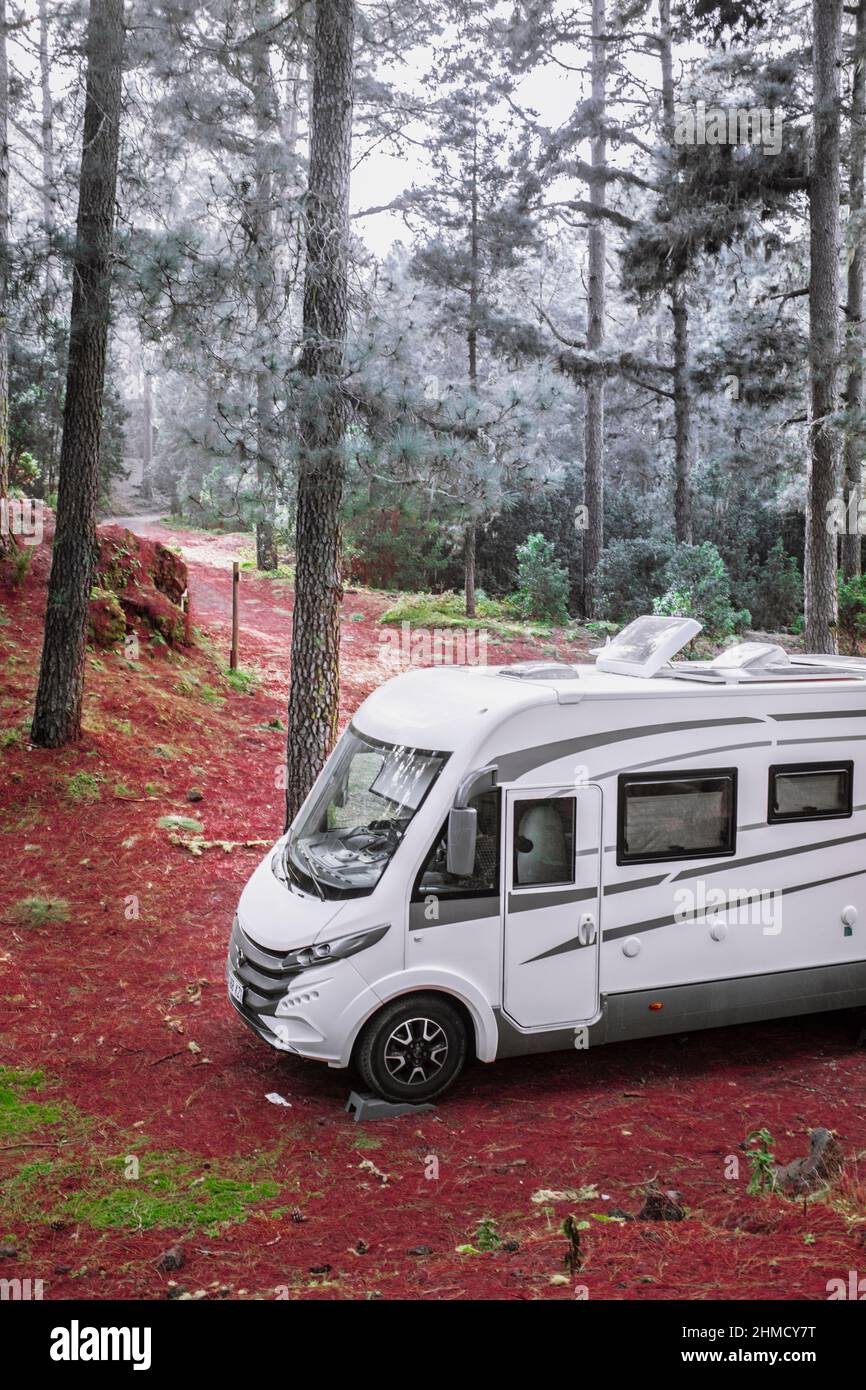 Freedom and travel concept with camper van motorhome parked in the forest with woods in background. Nature free lifestyle for tourist enjoy recreation Stock Photo