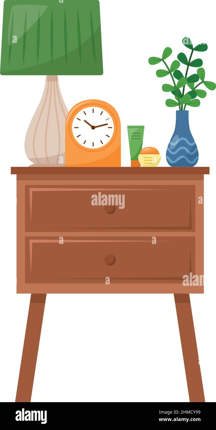 Bedside table with lamp, vase, clock, cream for hand and face, vector illustration Stock Vector