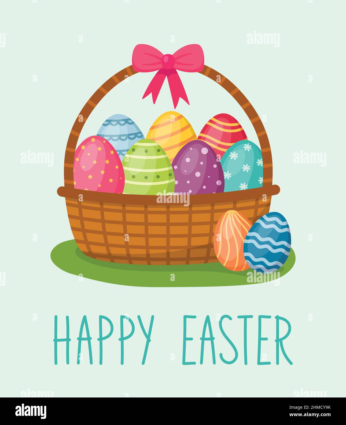 Happy Easter card. Basket with eggs, handwriting text, vector illustration Stock Vector