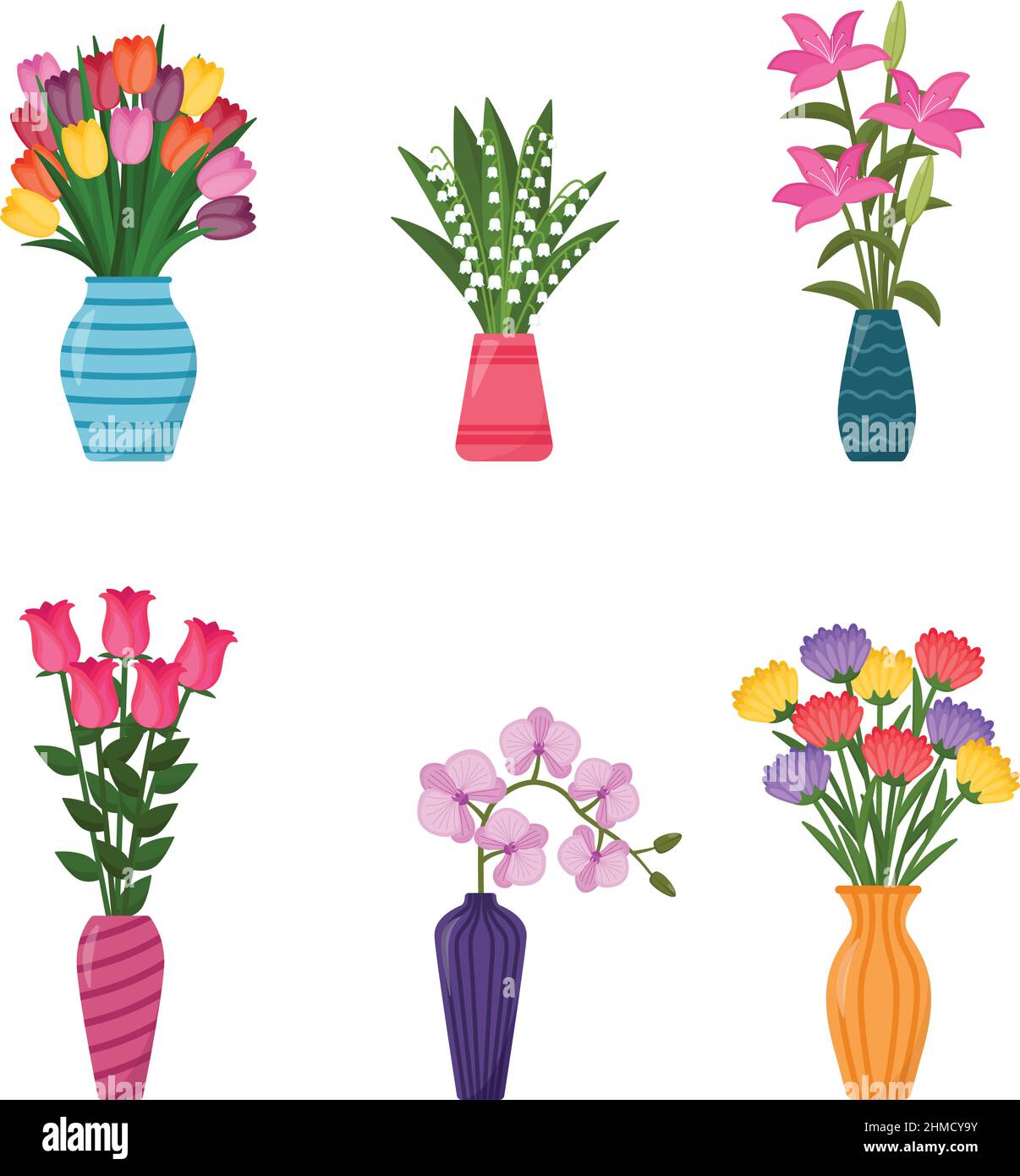 Set of vases with flowers. Collection of flower bouquets in vases, vector illustration Stock Vector