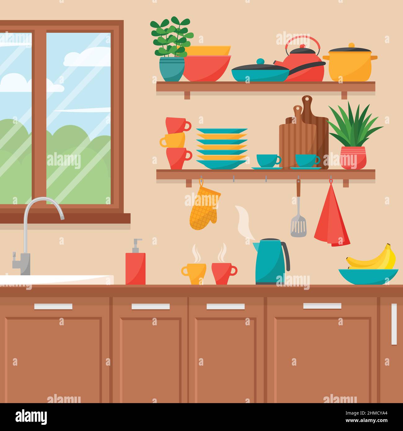kitchen shelves print colourful kitchen decor,... Kitchen interior. Shelves with cooking tools, vector illustration Stock ...