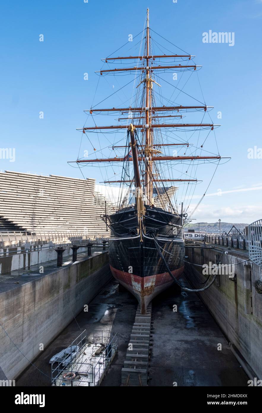 RRS Discovery ship, Discovery Point, Dundee, Scotland. The Discovery was the ship used by Captain Scott during the National Antarctic expedition. Stock Photo