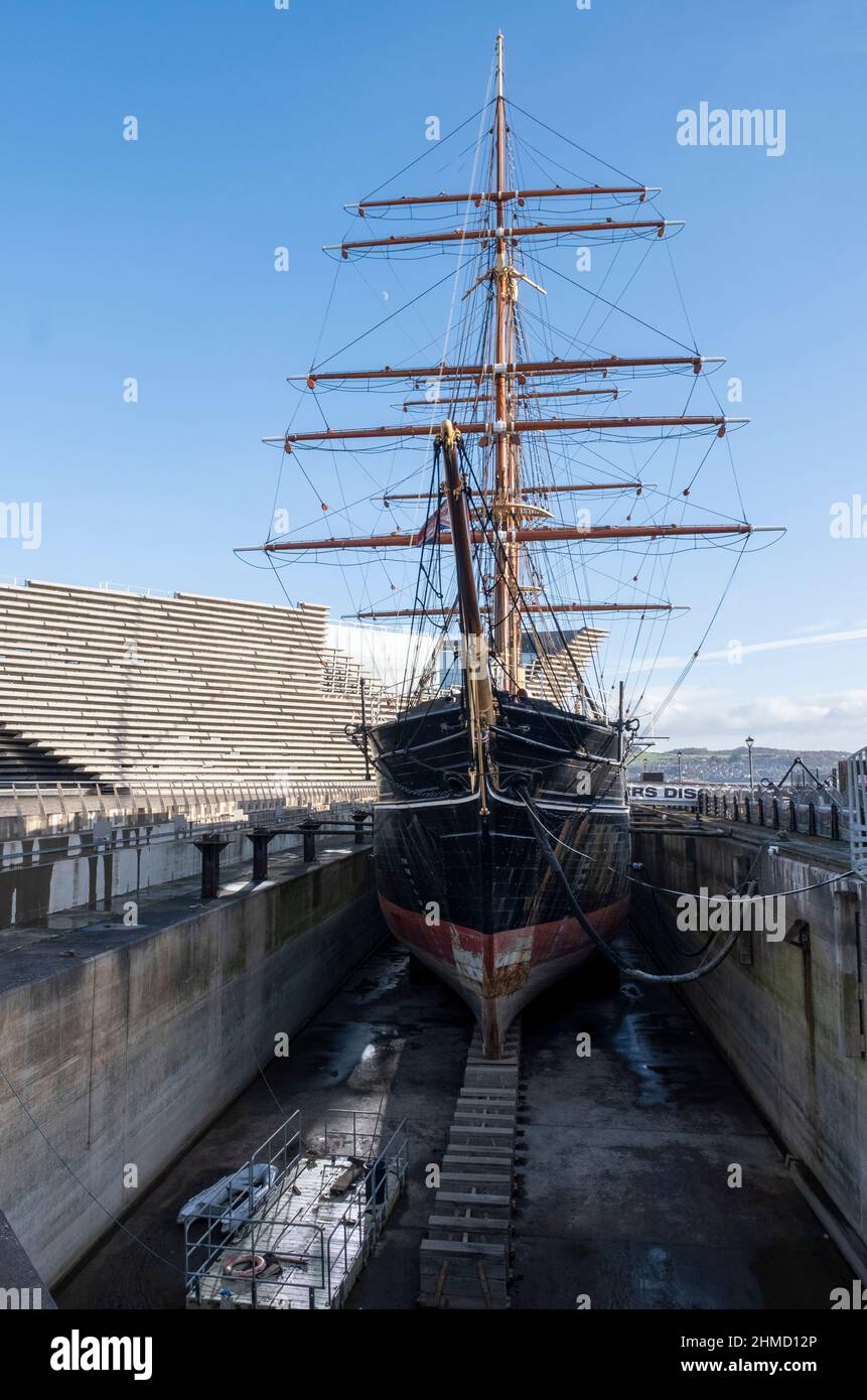 RRS Discovery ship, Discovery Point, Dundee, Scotland. The Discovery was the ship used by Captain Scott during the National Antarctic expedition. Stock Photo