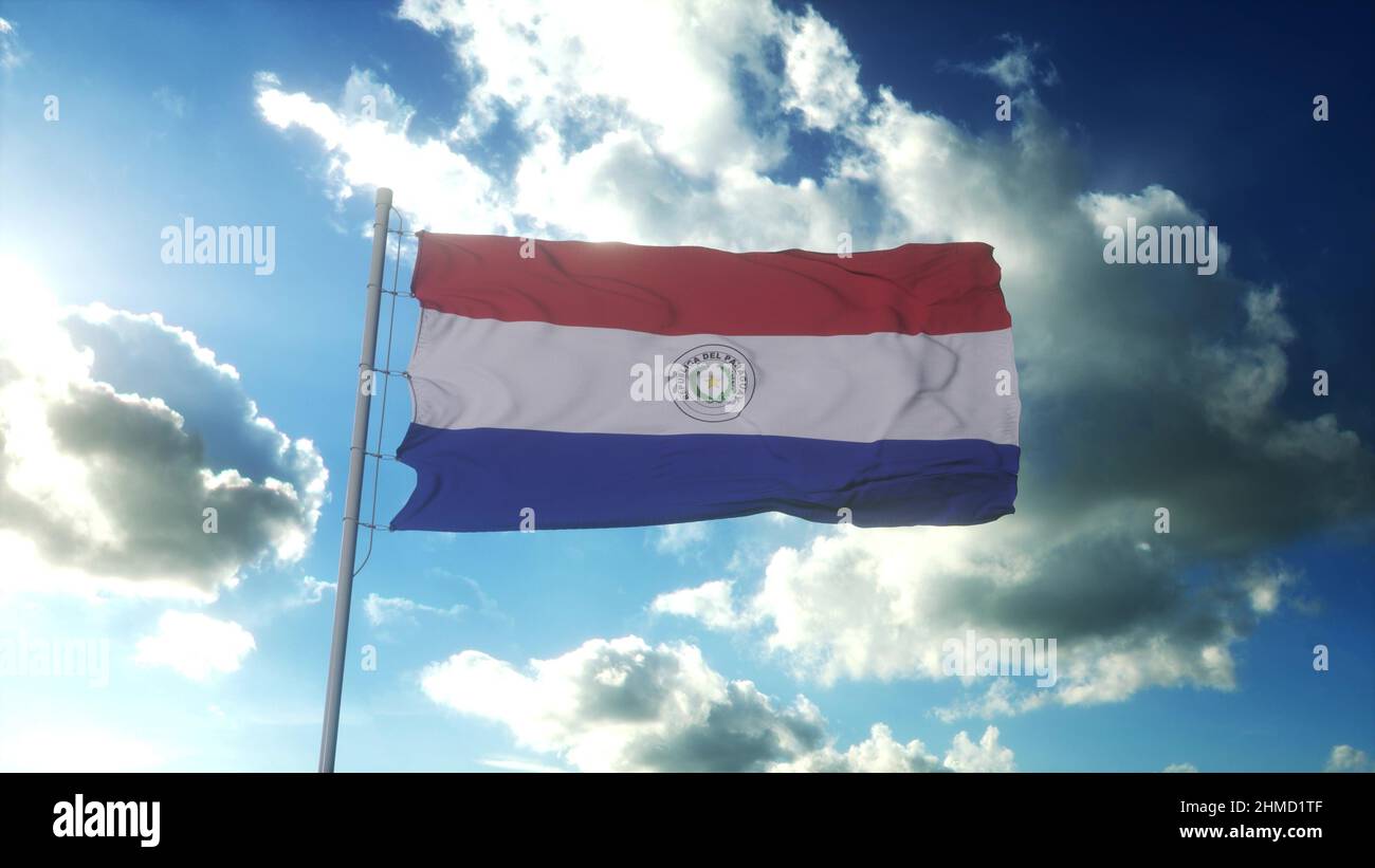Flag of Paraguay waving at wind against beautiful blue sky. 3d rendering Stock Photo