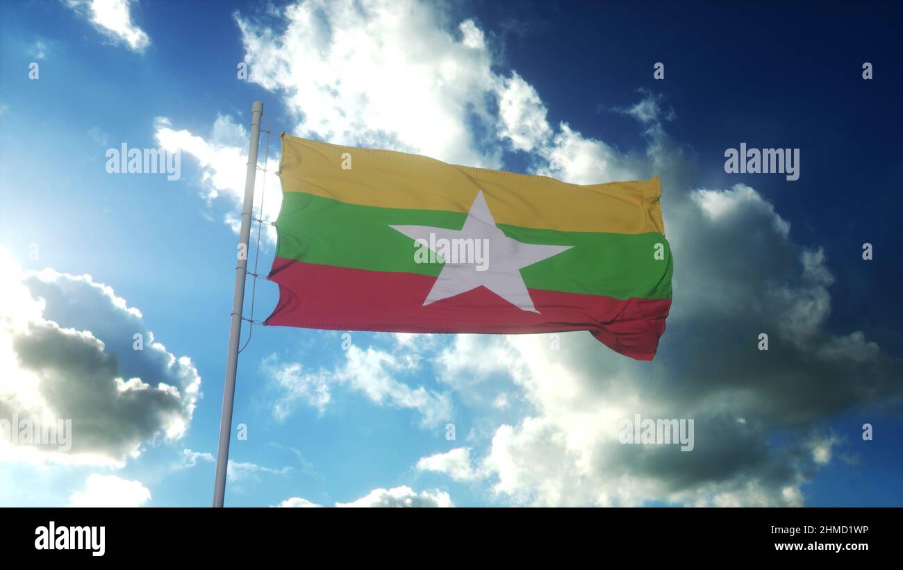 Flag of Myanmar waving at wind against beautiful blue sky. 3d rendering ...
