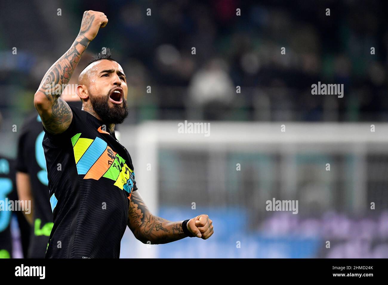 Milano, Italy. 08th Feb, 2022. Arturo Vidal of FC Internazionale celebrates  after Alexis Sanchez (not pictured) scored the goal of 2-0 during the Italy  cup quarterfinal football match between FC Internazionale and