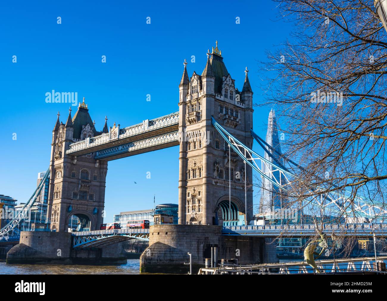 Tower Bridge, London buses, The Shard, Stock Photo