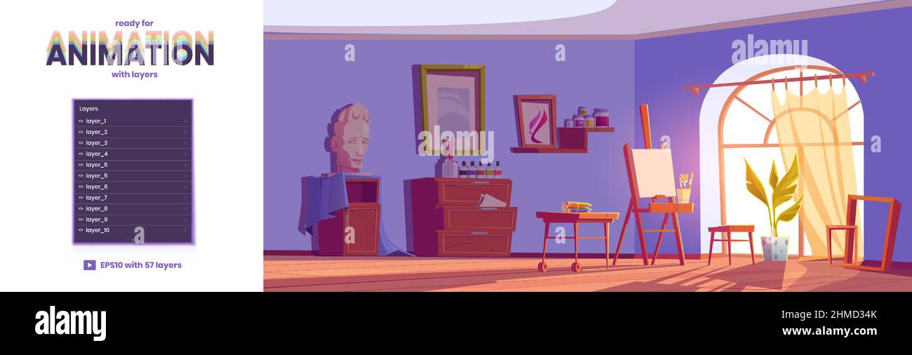 Art studio, artist room with canvas and brushes on easel. Vector parallax background ready for 2d animation with cartoon interior of painter workshop with paints, materials and tools Stock Vector Image & Art studio, artist room with canvas and brushes on easel. Vector parallax background ready for 2d animation with cartoon interior of painter workshop with paints, materials and tools Stock Vector Image &