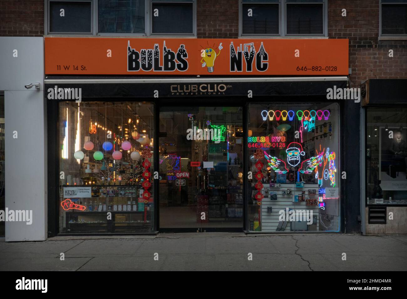 The exterior of Bulbs NYC a speciality lighting shop on West 14th Street in lower manhattan. Stock Photo