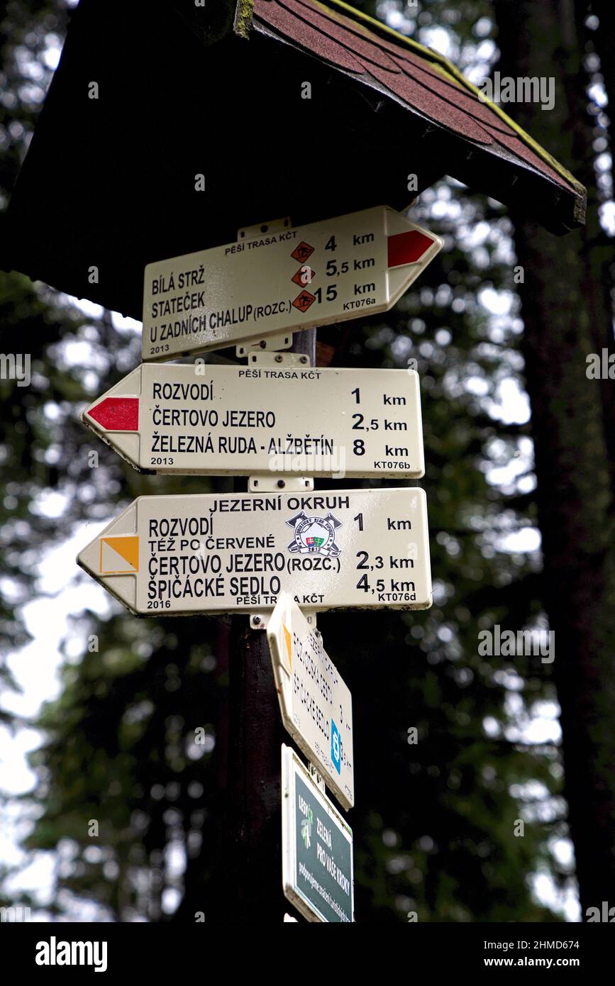 Signpost, Bohemian Forest, Sumava, Plzensky kraj, Czech Republic Stock Photo