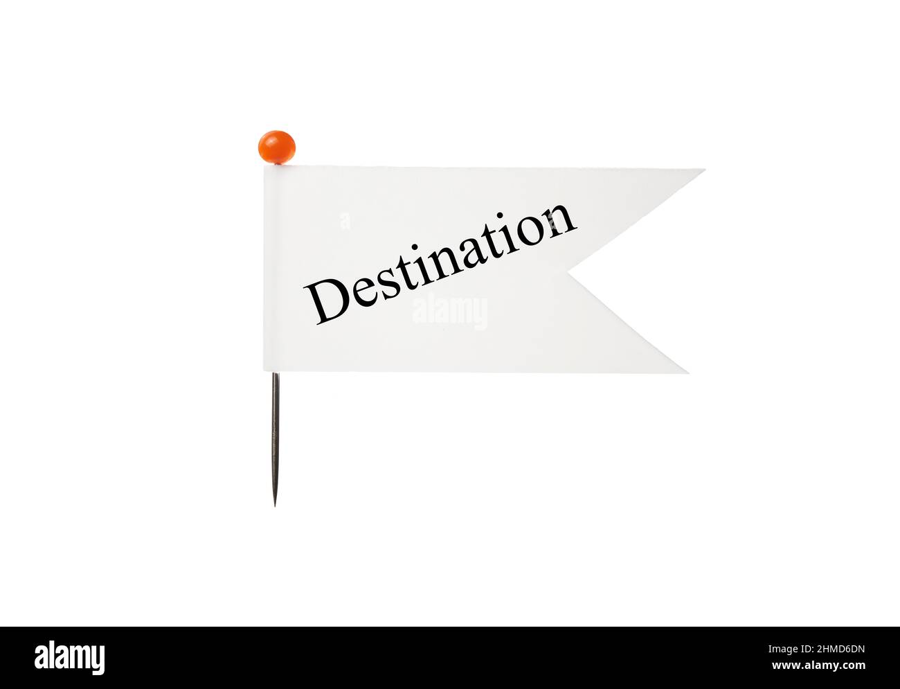 A flag with a white background that has the phrase Destination attached to a pin that has a red top in front of a plain white background Stock Photo