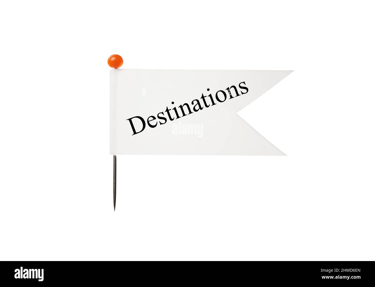 A flag with a white background that has the phrase Destinations attached to a pin that has a red top in front of a plain white background Stock Photo
