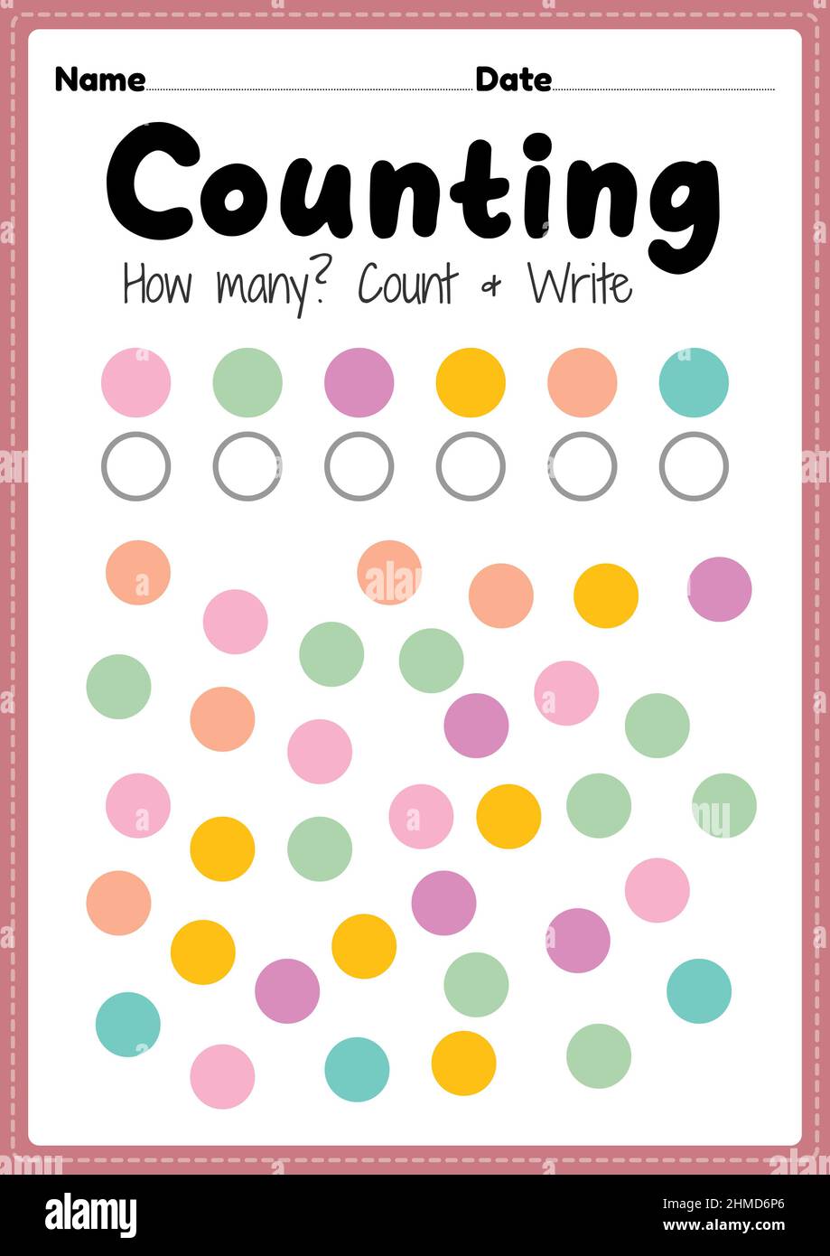 counting worksheet math printable sheet for preschool and kindergarten kids activity to learn basic mathematics count and write skills stock photo alamy