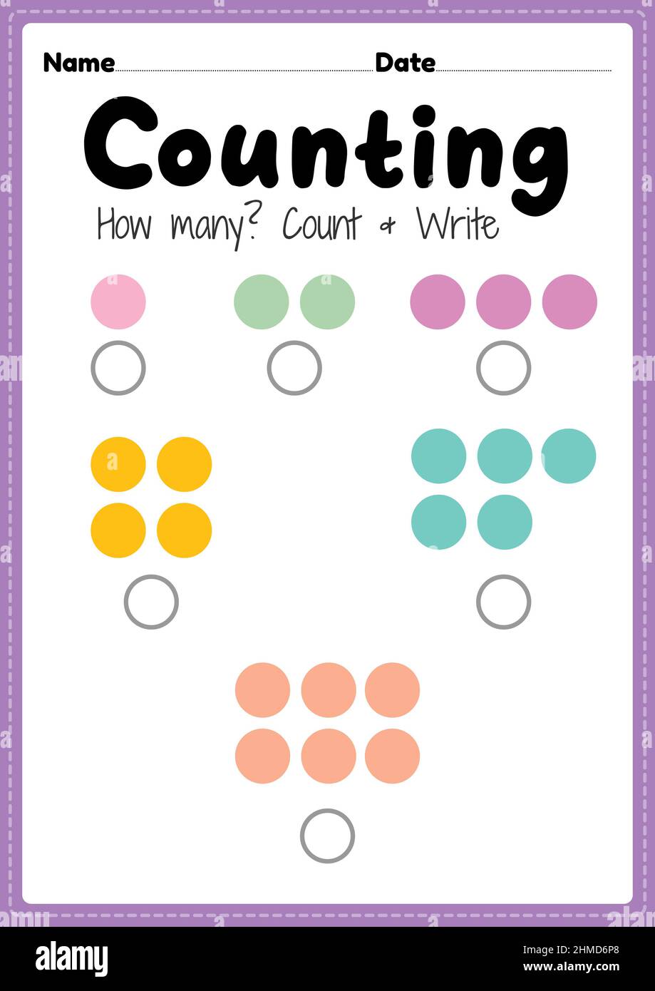 counting worksheet math printable sheet for preschool and kindergarten kids activity to learn basic mathematics count and write skills stock photo alamy