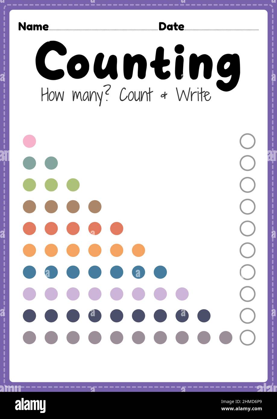 counting worksheet math printable sheet for preschool and kindergarten kids activity to learn basic mathematics count and write skills stock photo alamy
