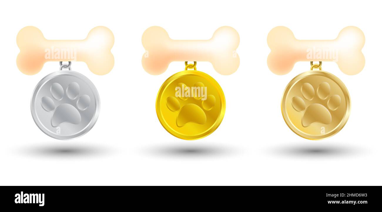 realistic gold medal with paw print and bone for champion dog. Prize