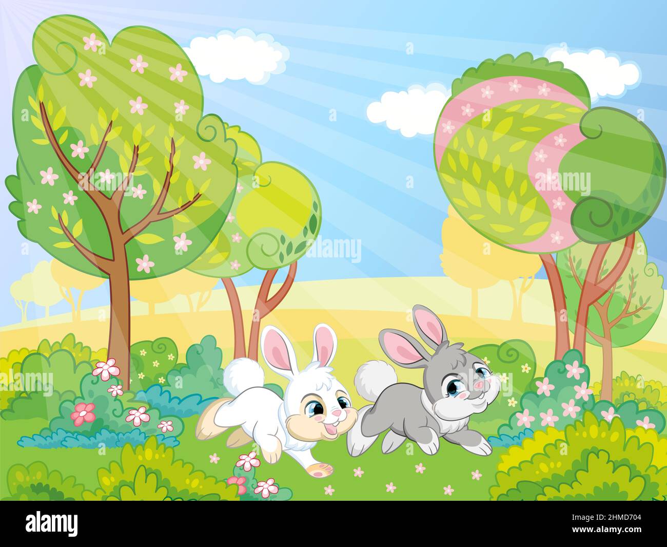 Two cute rabbits running on the grass on a spring background. Colorful