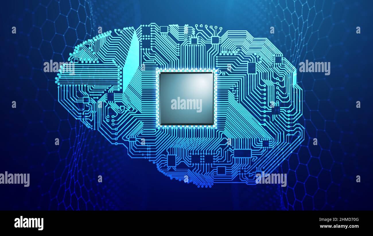 Brain circuit board blue technology illustration. Artificial intelligence human brain circuit. Big data and data science. Stock Vector