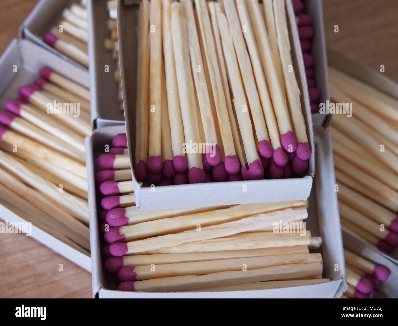 Several boxes filled with matches, a close-up shot. Matchboxes. Stock Photo