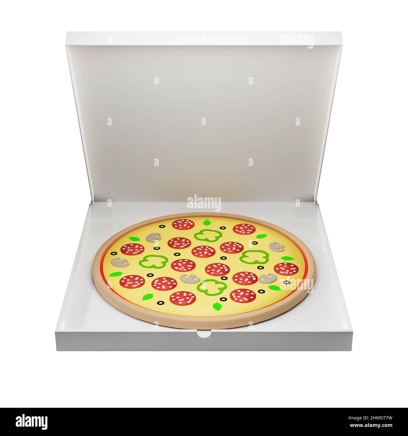 Box of pizza with pepperoni sausage - 3d rendering isolated on white background Stock Photo