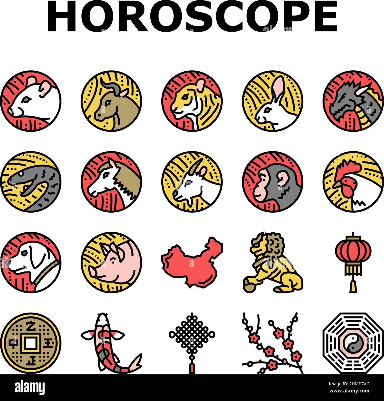 Chinese Horoscope And Accessory Icons Set Vector Stock Vector Image