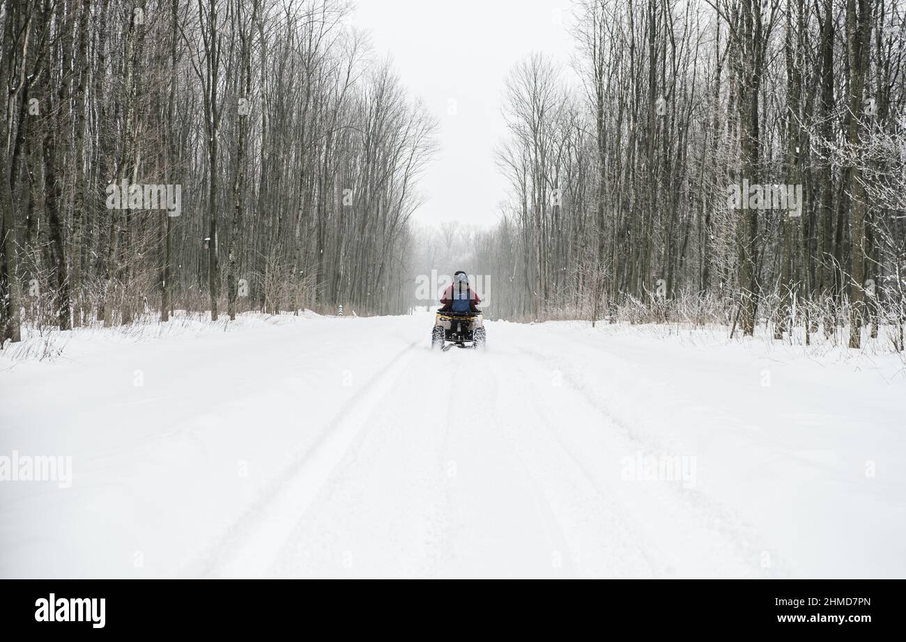 A quadricycle driving away through the snowy forest. Outdoor winter