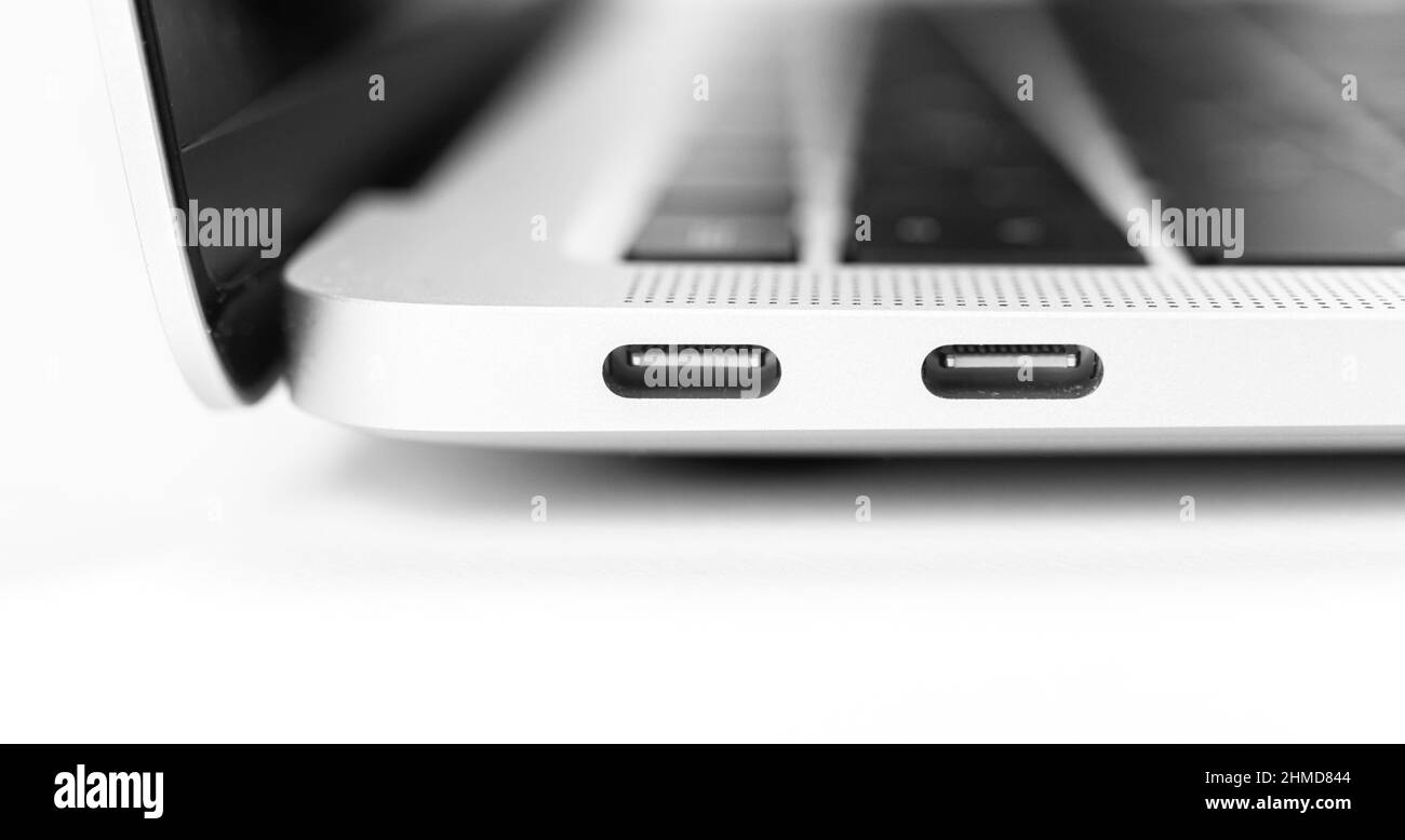 Laptop USB Type-C ports close-up, modern USB-C. Communication peripheral  concept Stock Photo - Alamy