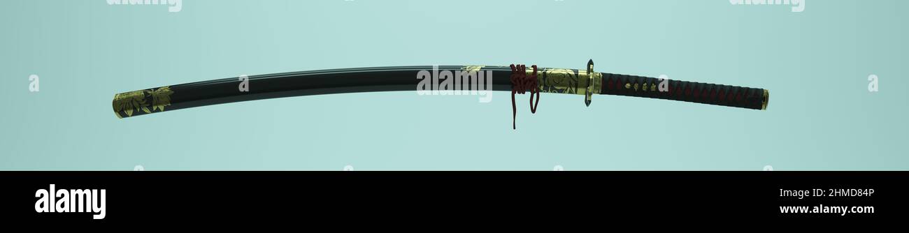 Katana Blade Samurai Curved Sword Japanese Lacquered Sheath Brass Gold 3d illustration render Stock Photo