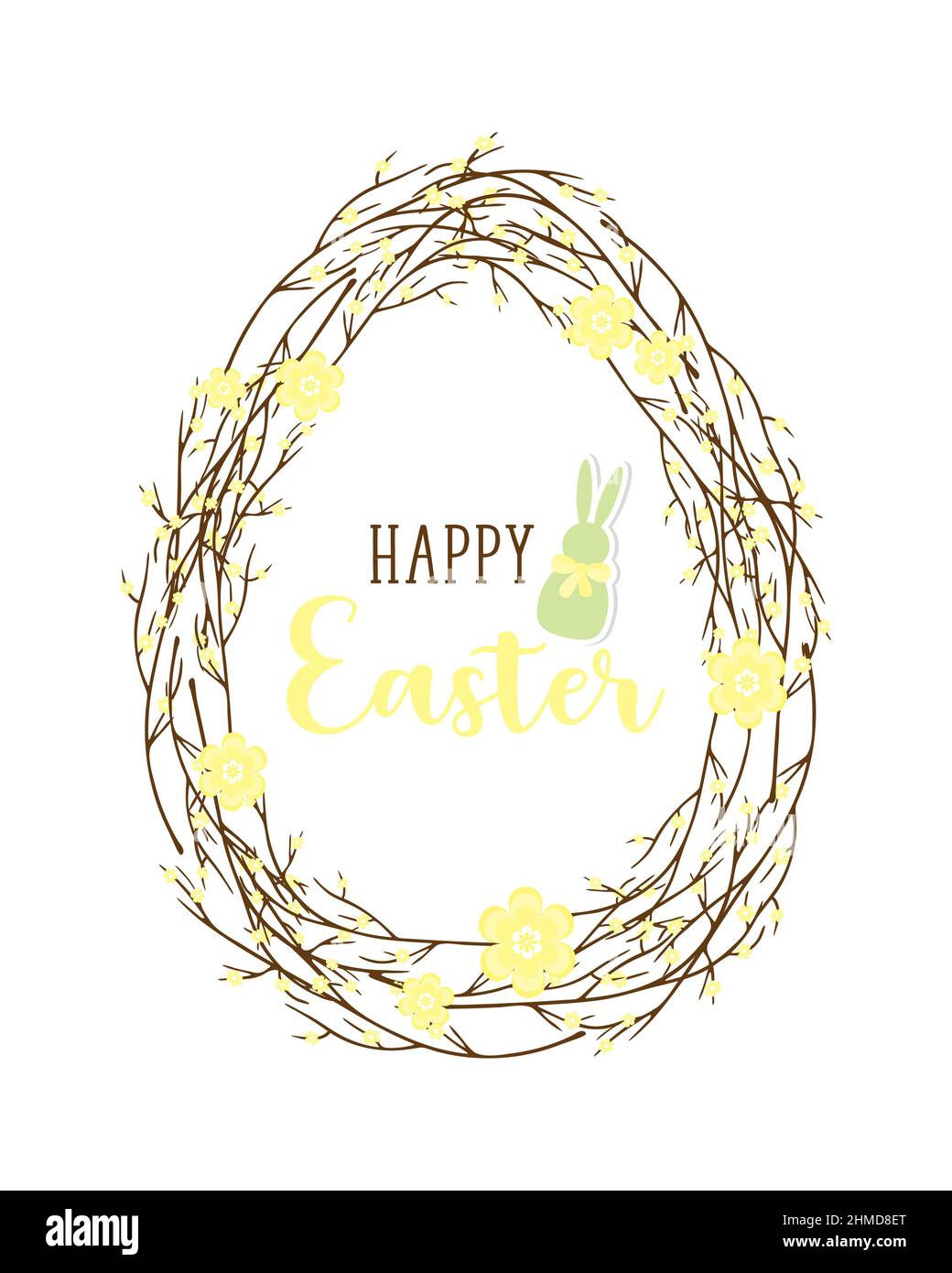 Happy Easter egg from twigs with yellow flowers and an inscription ...