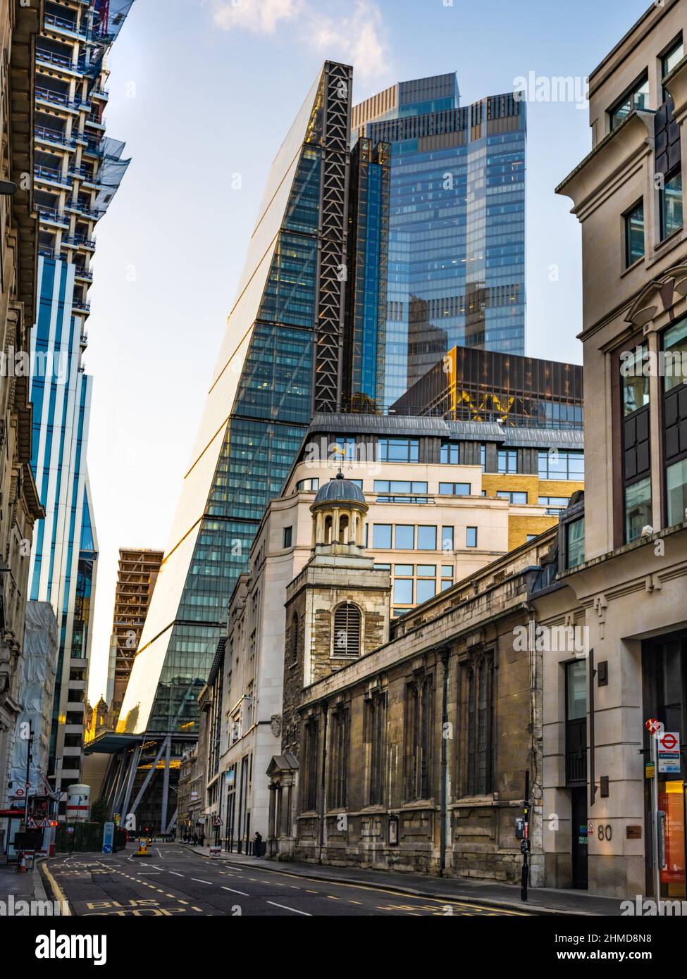 View of Leadenhall Building, Twentytwo and The Guild Church of St Katherine Cree from Leadenhall Street. Stock Photo