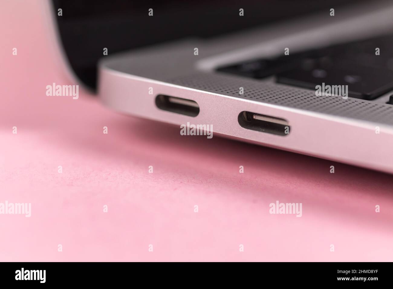 Laptop USB TypeC ports closeup, modern USBC. Communication