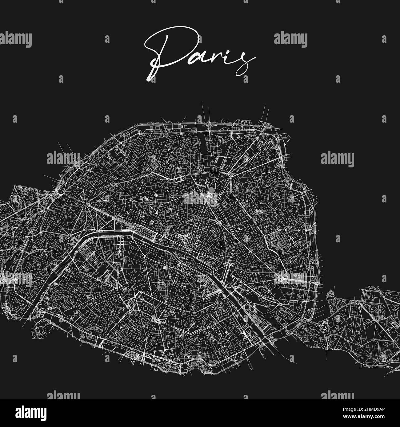 Paris city black and white map. Map of Paris France. Black and white