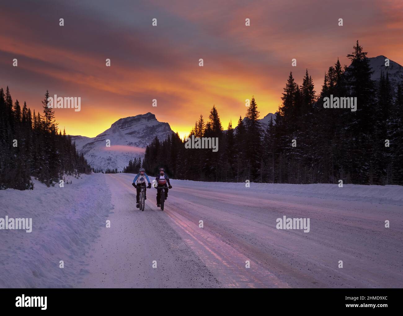 Biking at sunrise on the Icefields Parkway, Banff National Park, Canadian Rockies, Alberta, Canada Stock Photo