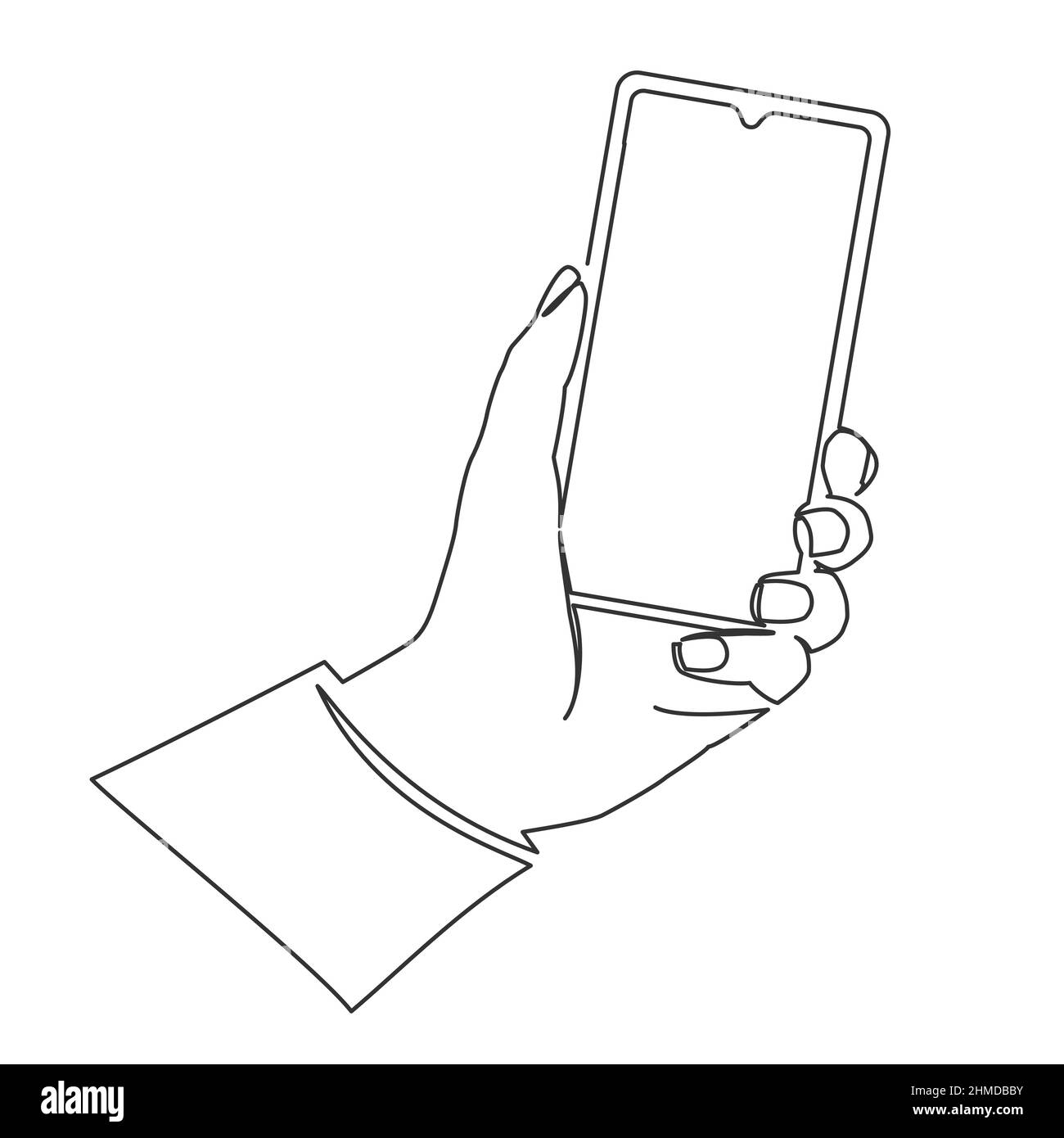 continuous line drawing of hand holding smartphone, single line mobile phone in hand vector illustration Stock Vector