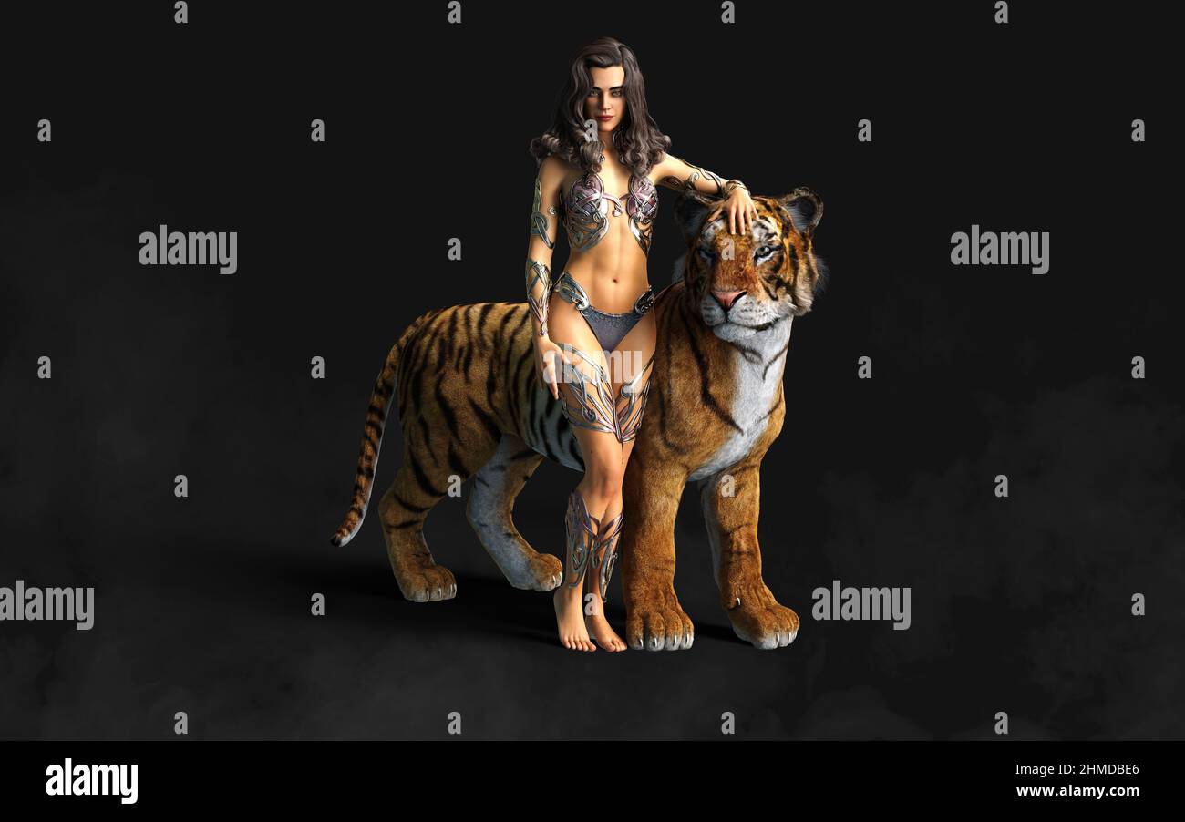 3d Illustration Project of Lady and The Bengal Tigers Poses on Black Background with Clipping Path. Stock Photo