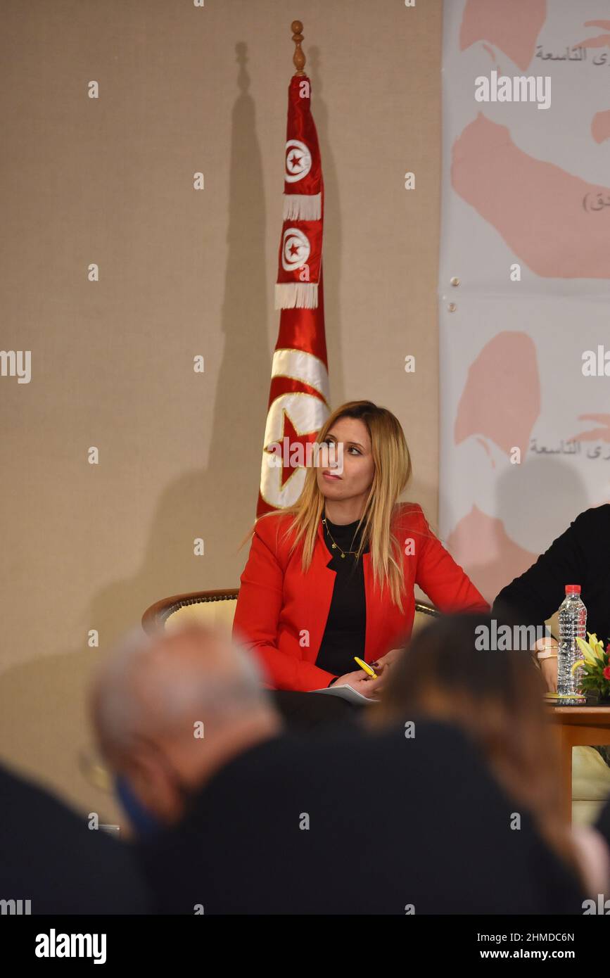 Tunis, Tunisia. 09th Feb, 2022. Faten mHnaoui member of The defense team of the two martyrs, Chokri Belaid and Mohamed Brahmi on Wednesday, February 9, 2022, in Tunis, Tunisia during a press conference to present the latest developments in this case.The defense of the two martyrs accused the leader of the Ennahda movement, Rashid Ghannouchi, of selling the blood of Tunisians and collecting their price, saying that field moves would be taken to further expose the movement's abuses. (Photo by Jdidi Wassim/Sipa USA) Credit: Sipa USA/Alamy Live News Stock Photo
