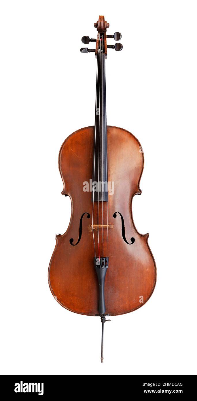 cello music string instrument for harmony orchestra concert on white isolated background include path. The cello is vintage and classic art object for Stock Photo