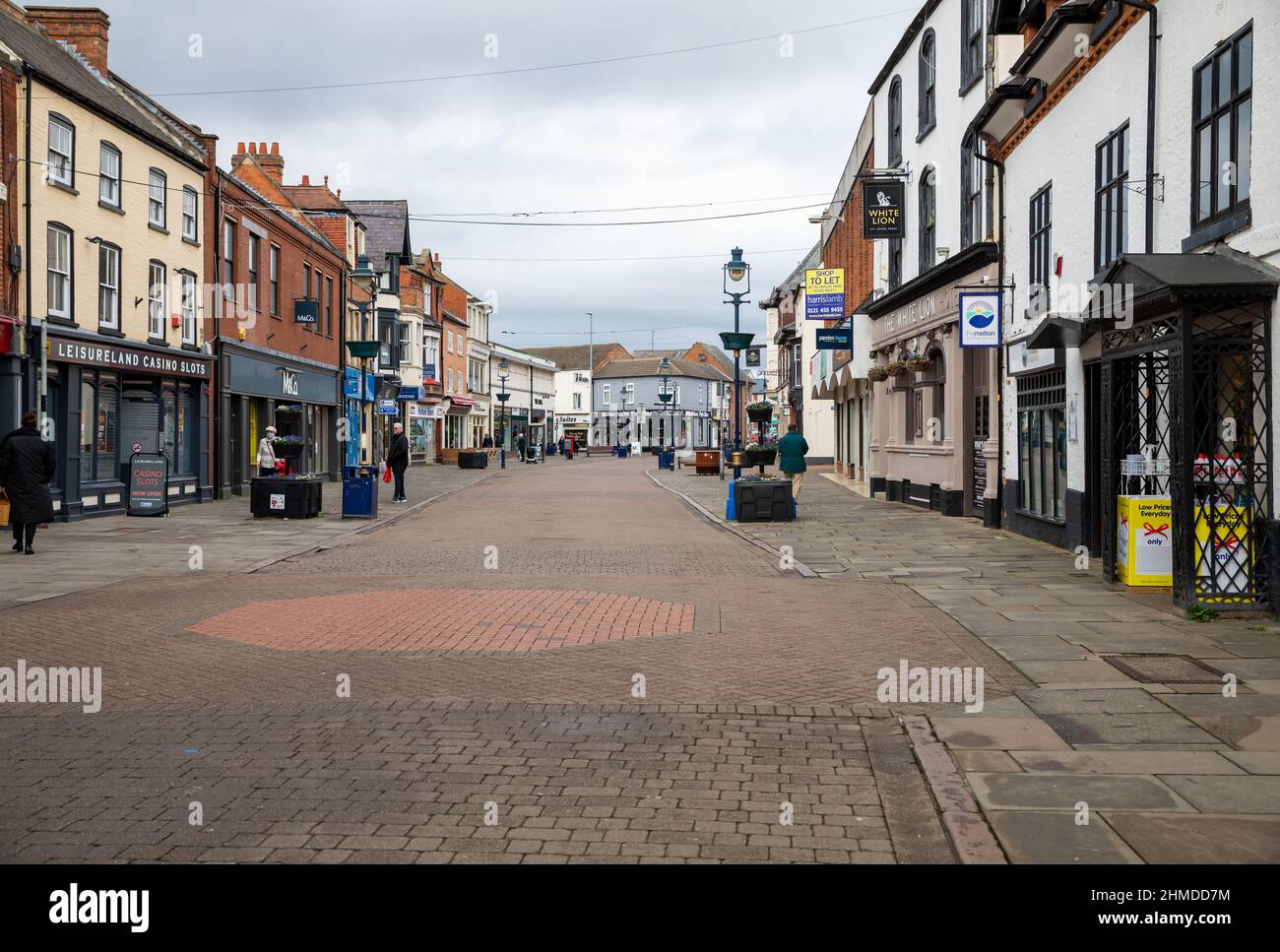 Melton Mowbray,Leicestershire,UK,9th February 2022,Melton Mowbray ,famous for its Pork Pies, was deserted today on a grey and cloudy day. Possibly because Covid numbers are high in the area.Credit: Keith Larby/Alamy Live News Stock Photo